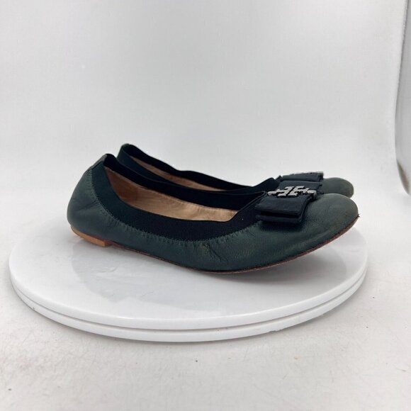 Tory Burch Women Size 7M Green Leather Bow Slip On Elastic Ballet Flat Shoes - Picture 4 of 14